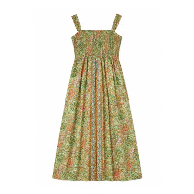 Yumi Women's  Green Foil Palm Print Ruched Maxi Dress With Border Detail