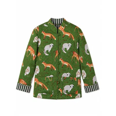 Yumi Women's  Green Fox Print Reversible Cotton Quilted Jacket