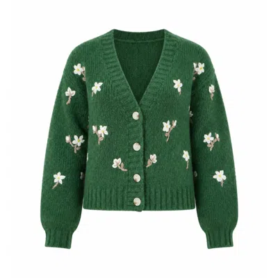Yumi Women's  Green Hand Embroidered Chunky Knitted Cardigan