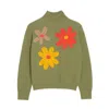 Yumi Women's  Green Knitted High Neck Jumper With Applique Flowers In Green