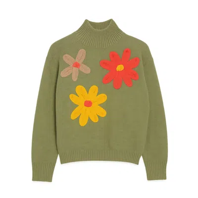 Yumi Women's  Green Knitted High Neck Jumper With Applique Flowers