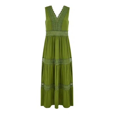 Yumi Women's  Green Lace Trim Cotton Midi Sun Dress