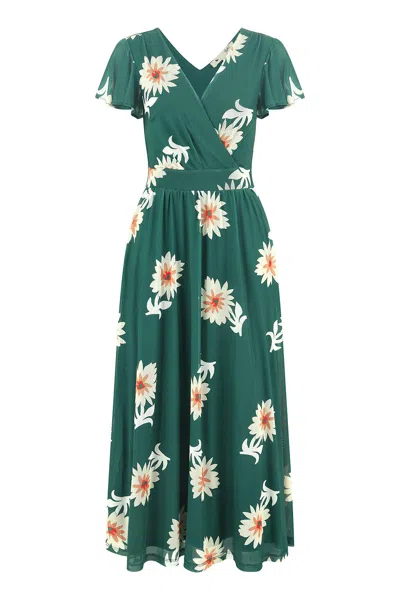 Yumi Mesh Flower With Pockets Wrap Midi Dress In Green