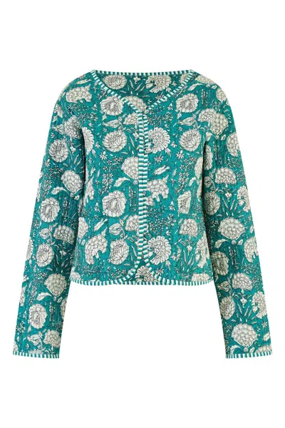 Yumi Women's  Green Patchwork Print Reversible Cotton Quilted Jacket