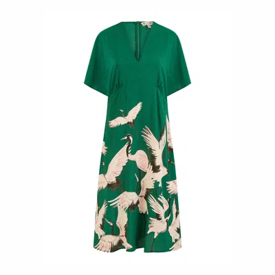 Yumi Women's  Green Recycled Fabric Crane Print Kimono Midi Dress