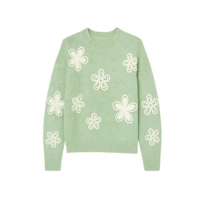 Yumi Women's  Green Relaxed Knitted Jumper With Crochet Flowers