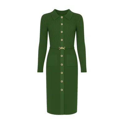 Yumi Women's  Green Rib Knit Midi Shirt Dress With Snaffle Belt