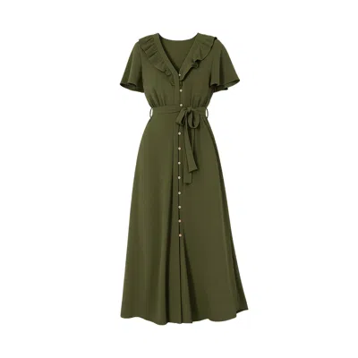 Yumi Ruffle Collar Midi Shirt Dress In Green