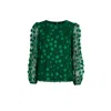 Yumi Women's  Green Sheer Sleeve Applique Flower Top In Green