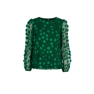 Yumi Women's  Green Sheer Sleeve Applique Flower Top