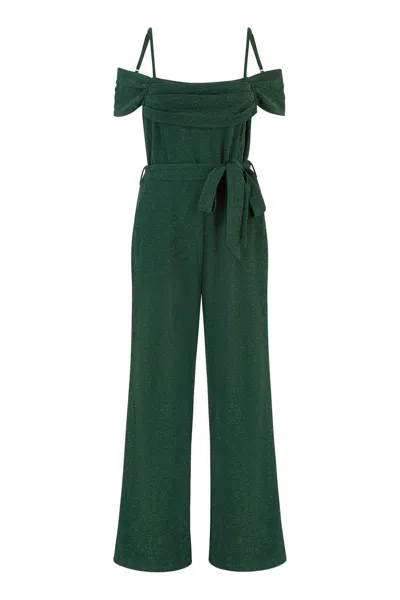 Yumi Women's  Green Sparkle Stretch Bardot Jumpsuit