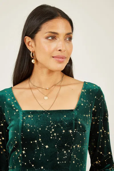 Yumi Women's  Green Star Foil Print Long Sleeve Skater Dress