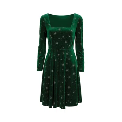 Yumi Women's  Green Starburst Foil Print Long Sleeve Skater Dress