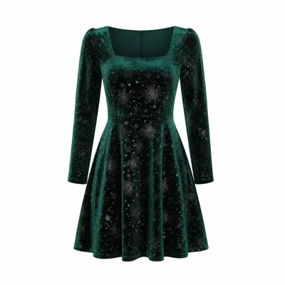 Yumi Women's  Green Starburst Foil Print Long Sleeve Skater Dress