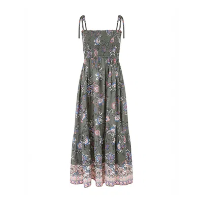 Yumi Women's  Green Strappy Paisley Print Midi Dress With Ruched Bodice In Multi