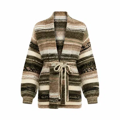 Yumi Women's  Green Stripe Fairisle Soft Wrap Cardigan
