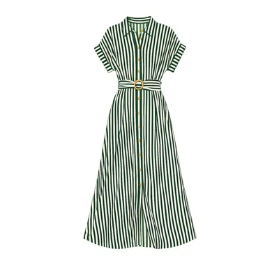 Yumi Women's  Green Stripe Print Relaxed Midi Shirt Dress With Belt In Multi