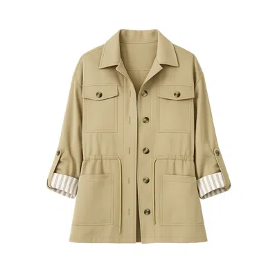 Yumi Women's  Green Utility Jacket With Drawstring Waist & Stripe Lining