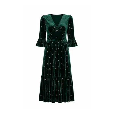 Yumi Women's  Green Velvet Embroidered Midi Dress