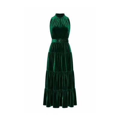 Yumi Women's  Green Velvet Halter Maxi Dress With Belt