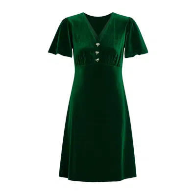 Yumi Women's  Green Velvet Skater Dress With Dimante Bow Detail