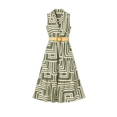 Yumi Women's  Green Viscose Geo Print Midi Shirt Dress With Matching Belt In Multi