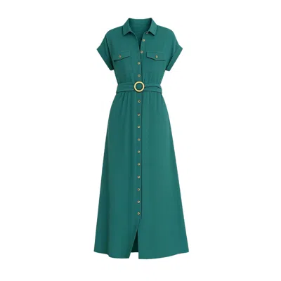 Yumi Women's  Green Viscose Midi Shirt Dress With Wooden Belt