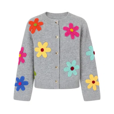 Yumi Women's  Grey Knitted Flower Applique Cardigan In Gray