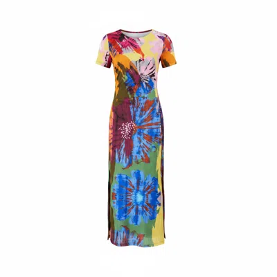 Yumi Women's  Multicolour Abstract Floral Mesh Midi Dress