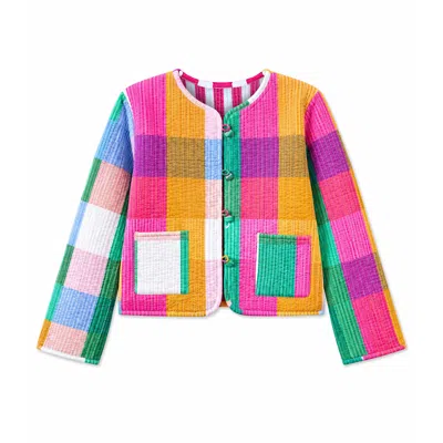 Yumi Women's  Multicolour Checked Cropped Reversible Cotton Quilted Jacket