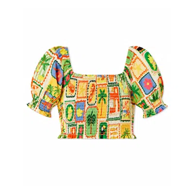Yumi Women's  Multicolour Cropped Shirred Cotton Postcard Print Top