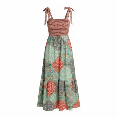 Yumi Women's  Multicolour Patchwork Ruched Smocked Maxi Sundress