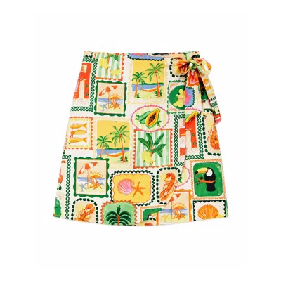 Yumi Women's  Multicolour Postcard Print Cotton Wrap Skirt
