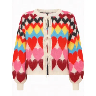 Yumi Women's  Multicolour Tie Front Heart Intarsia Cardigan