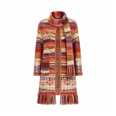 Yumi Women's  Orange Boucle Soft Long Cardigan With Scarf In Multi