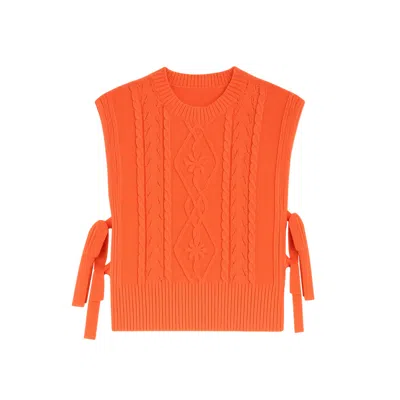 Yumi Women's  Orange Flower Cable Knit Tie Side Pullover