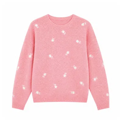 Yumi Women's  Pink Daisy Embroidered Relaxed Jumper