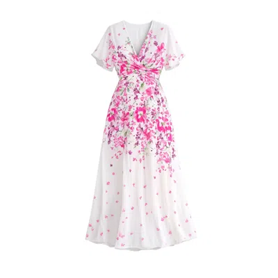 Yumi Women's  Pink Mirror Floral Print Ruched Waist Kimono Midi Dress