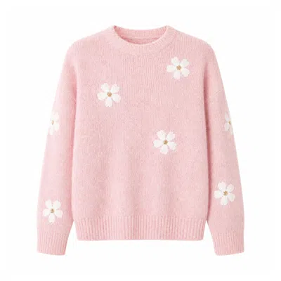 Yumi Women's  Pink Relaxed Jumper With Crochet Flowers