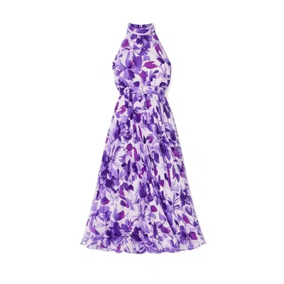 Yumi Floral Halter Neck Pleated Midi Dress In Purple