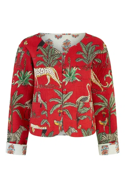 Yumi Women's  Red Animal Print Reversible Cotton Cropped Quilted Jacket