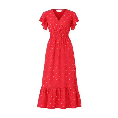 Yumi Women's  Red Broderie Anglaise Wrap Midi Dress With Flower Embroidery