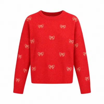 Yumi Women's  Red Embroidered Bow Relaxed Jumper