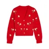 Yumi Women's  Red Hand Embroidered Chunky Knitted Cardigan In Red