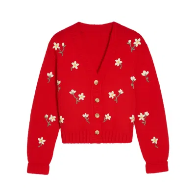 Yumi Women's  Red Hand Embroidered Chunky Knitted Cardigan