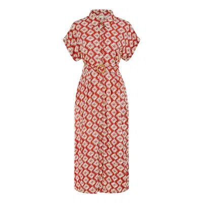 Yumi Women's  Red Viscose Midi Shirt Dress With Matching Belt