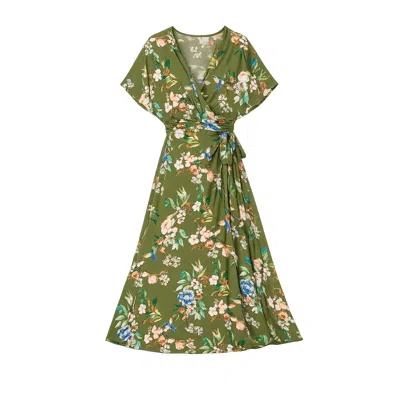 Yumi Women's  Sage Green Viscose Floral Print Midi Dress With Ruched Waist