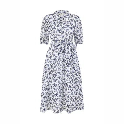 Yumi Women's  White & Blue Cotton Broderie Anglaise Midi Shirt Dress