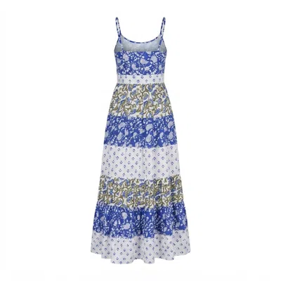 Yumi Women's  White And Blue Rayon Patchwork Print Tiered Maxi Dress