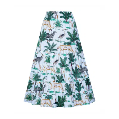 Yumi Women's  White Animal Print Cotton Tiered Maxi Skirt In Blue